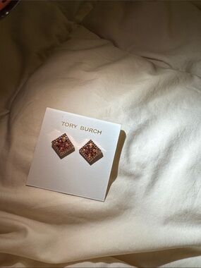 Tory Burch Brown Enamel Square Logo Stud Earrings with Gold Trim